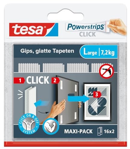 tesa Powerstrips CLICK - Klett-Klebepads zum An- und Abklicken von Bilderrahmen und Wanddekorationen ohne Bohren - selbstklebende Klettband-Strips mit ON und OFF Click-System - Large - 16 x 2 Stück