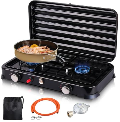 Hornillo de camping de 2 fuegos, 2,2 kW, hornillo de gas LPG para camping con tapa, encendido automático, manguera y regulador de presión de gas de 50 mbar, placa de gas portátil, incluye bolsa de