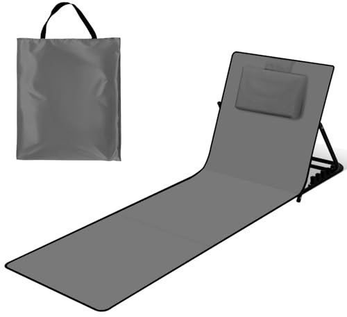 Izrielar Lot de 2 tapis de plage pliables de 158 cm, dossier réglable sur 5 niveaux, avec oreiller et compartiment de rangement, portable, chaise longue pliable pour camping, gris