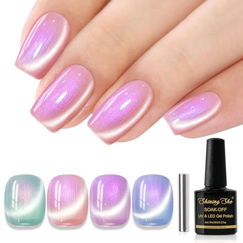 Shining She Gel Nail Polish Cat Eye Set, 4 Colours Green Pink Purple Blue Mermaid Gel Polish with Magnet Soak-Off UV/LED Nail Polish for Nail Art Salon DIY Home, 8 ML