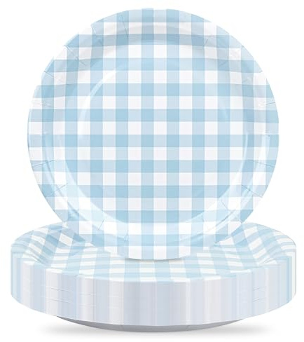 Houuqe 48Pcs Gingham Party Supplies Blue Paper Plates 9 inches Disposable Plaid Decorative Dinner Dessert Serving Plates for Baby Shower Wedding Birthday Party