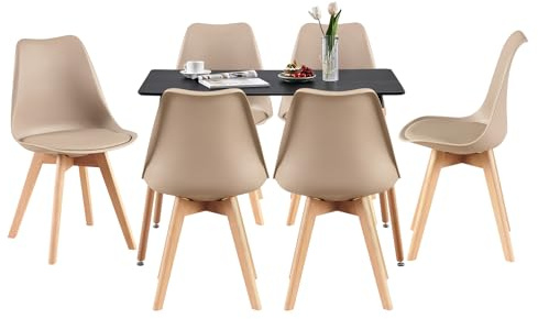 LafeuR Esszimmergruppe Esstisch mit 6 Stühlen Essgruppen, 110cm Rechteckig Küchentisch und 6er Set Esszimmerstühle Sitzgruppe für Wohnzimmer Küche Büro(Schwarz Tisch+6 Helles Khaki Stühle)