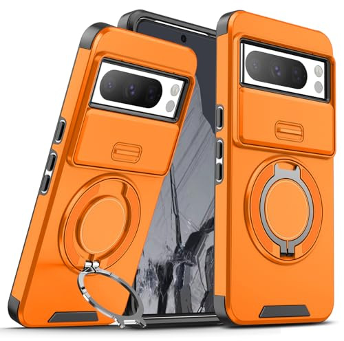 Wousunly for Google Pixel 8 Pro Case with Sliding Camera Cover, Military Grade Protection with 360° Rotatable Magnetic Ring Kickstand Shockproof Phone Case for Google Pixel 8 Pro (Orange)
