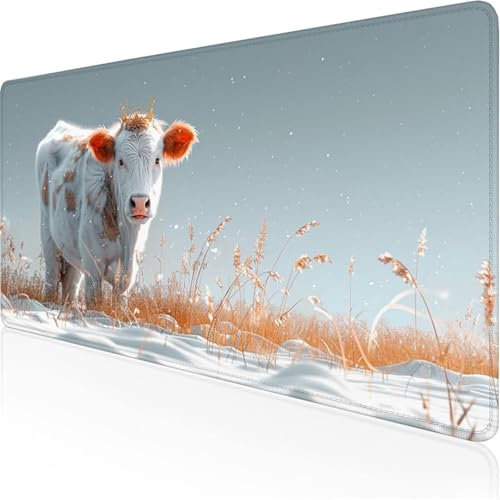 Mouse Mat White Desk Mat Dairy Cow Slim Waterproof Gaming Mouse Pad, Soft Smooth Surface Washable with Seamed Edges Rubber Mousepad for Laptop, Office Multifunctional Protector 1400x600x3mm XY-552