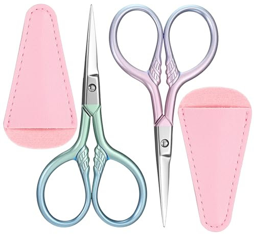 Nogeqi 2 Stück Edelstahl Augenbrauenschere, Bartschere Männer mit PU-Etui, Nasenhaarschere, Augenbrauen Schere Kleine für Nasenhaare Entfernen, Bart, Wimpern, Gesicht (Blau, Rosa)