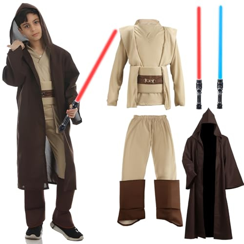 Aitsite Je-d Costume pour enfant - Robe à capuche - Costume Skywalker - Bleu et rouge - Costume de carnaval - Halloween - Cosplay - Pour adulte et garçon, marron, 130 cm