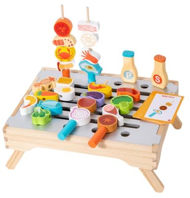TTETTZ Set da Barbecue in Legno per Bambini, Griglia Giocattolo, Abilità Motorie Fini, Divertente Set da Cucina, Accessori per Bambini di 3, 4, 5 E 6 Anni.