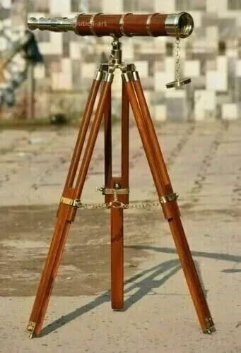 Antique Nautical Floor Standing Brass 18 Inch Telescope With Wooden Tripod Stand