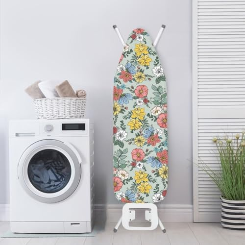 Bügelbrettbezug 120X40 Bunte Blumen mit Schnurbindung & Stretch System - Hitzebeständig, Reflektierend, Waschbar Strapazierfähig und Leicht Anzubringen Bügelbrett Bezug