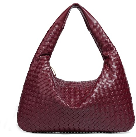 Rejolly Gewebte Hobo-Tasche für Damen, Leder, Schultertasche, Handtasche, trendige Geldbörse, Burgunderrot Hobo