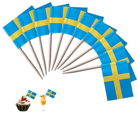 100 Stück Schweden Flagge Zahnstocher,Schweden Deko,Flaggen Spieße Schweden,Schwedische Dekor Fahne Mini Cupcake Topper,Zahnstocher mit Fähnchen,Cocktail Stick Flaggen für Party Pub,Fußball EM WM