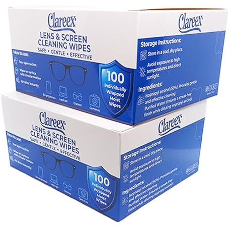 Clareex Premium Lens & Screen Cleaning Wipes – Individually Wrapped, Pre-Moistened, Fast-Drying, Anti-Streak & Unscented – Professional-Grade Wipes for Glasses, Phones & Tablets