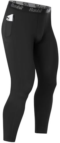 Runhit Men’s Running Leggings with Pockets, Gym Compression Pants Sports Tights, Thermal Base Layer Trousers for Jogging Golf Cycling Black XL