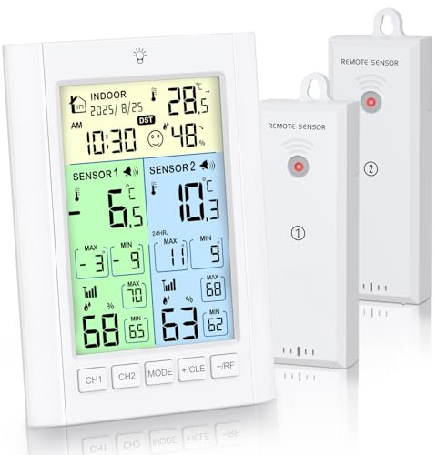 Ankilo Kühlschrankthermometer mit Alarmfunktion, Digitales Thermometer Hygrometer mit Uhr, 2 Sensor, Hintergrundbeleuchtetes Display, MAX/MIN-Aufzeichnung, für Küche