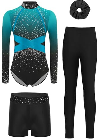 FEESHOW 4er Mädchen Turnanzug Set Mit Hose Glitzer Langarm Gymnastikanzug Metallic Farbblock Turntrikot Leggings Shorts Und Haargummi