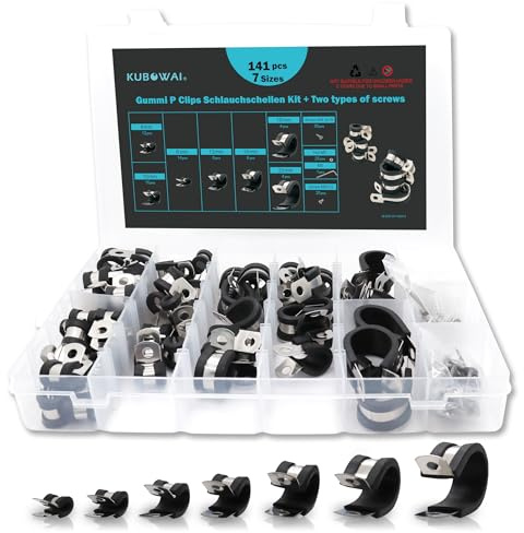 KUBOWAI Lot de 141 Colliers de Serrage en Caoutchouc P en Acier Inoxydable 304 avec Insert en Caoutchouc, 7 Tailles (6 mm/8 mm/10 mm/13 mm/16 mm/19 mm/25 mm)