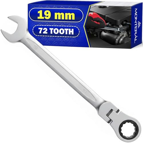 MONTERAL Llave Fija con Carraca de 19 mm 72 Dientes - Llave Trinquete Combinada Fabricada en Acero Aleado CrV - Permite Trabajar en Ángulos Comprendidos Entre 0° y 90