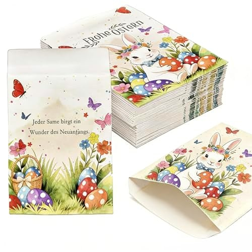 100 Stück Ostern Samentüten mit Hasen & Eier-Motiv – Mini Kraftpapier Samenbeutel – Geschenkverpackung für Dankeschön-Geschenke – Ideale Saatgut Taschen für Ostergeschenke(Ohne Samen)