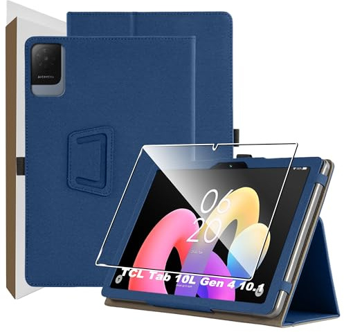 zZjoOoj Cover Per TCL Tab 10L Gen 4 Tablet 10.1 Pollici Tablet con 1 Pezzi Pellicola Vetro Temperat, Ultra Sottile,Custodia in Pelle PU Premium con Funzione Leggio Verticale,Blu scuro