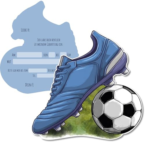 FLYERALARM Fußballschuh Einladungskarten Kindergeburtstag I 12 Fussball Geburtstagseinladungen für Mädchen und Jungen I Starkes mattes Papier mit fröhlichen Motiven für Kinder