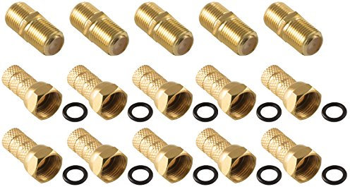 Poppstar Coax Set 5x F-Verbinder, 10x F-Stecker mit Gummidichtring für SAT-Kabel (bis 7mm), für Koaxial Kabel und Verlängerung, vergoldete Kontakte