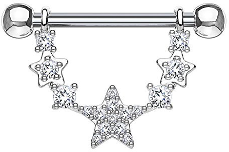 Piercingfaktor Piercing Brustwarzenpiercing Intimpiercing Hantel Barbell Brust Intim Nippel mit Kristall Anhänger Kette filigran Sterne Silber