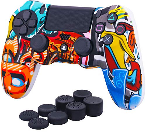 YoRHa Water Transfer Printing (Komische Graffiti) Silikon Hülle Case für PS4 / Slim/Pro Dualshock 4 Controller x 1 Mit Pro Daumengriffe x 8