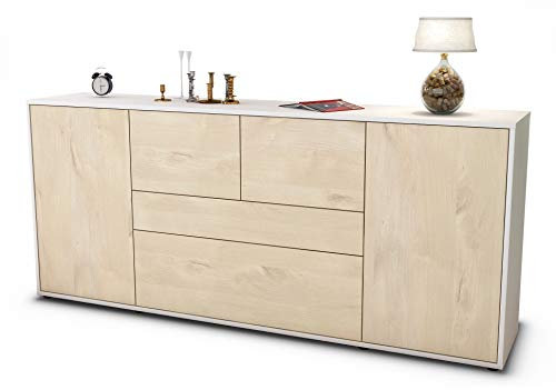 Stil.Zeit Sideboard Elisa, Korpus Weiss matt, Front Holz-Design Zeder (180x79x35cm) Push-to-Open Technik & Leichtlaufschienen