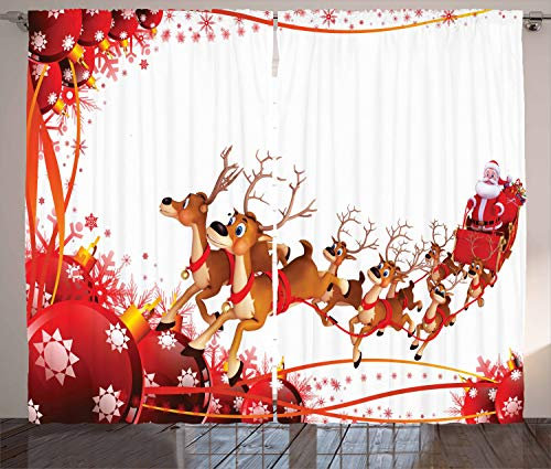 ABAKUHAUS Weihnachtsmann Rustikaler Vorhang, Weihnachtskugeln und Rentiere, Wohnzimmer Universalband Gardinen mit Schlaufen und Haken, 280 x 260 cm, Hellbraun Weiß Rot