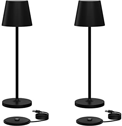 Klighten 2 Pezzi Lampada LED Dimmerabile da Tavolo, Ricaricabile Luce calda 3000K Lampada da Scrivania in Alluminio, H38cm, Nero, IP54, con Base di Ricarica Contatt, per Interni/Esterni