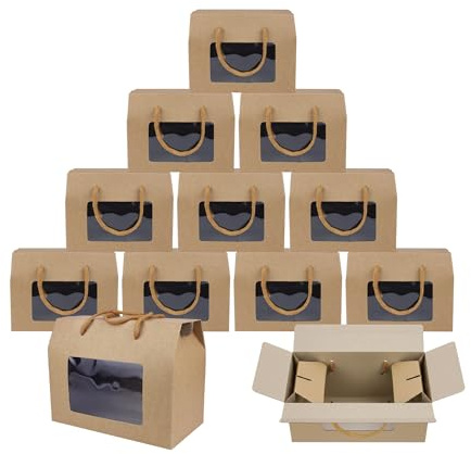 Emartbuy Pack of 12 Brown Gift Boxes With Clear Window & Handle 20x15x11 cm | Luxury Presentation Boxes, Eco-Friendly Recyclable Paper, Durable Cardboard Strength. Perfect For Hampers & Corporate Gifting