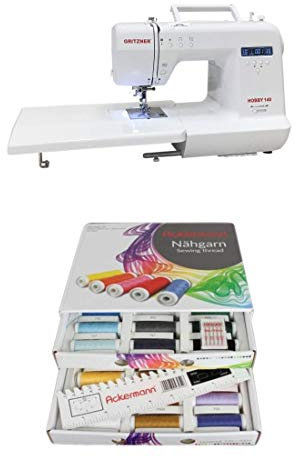 GRITZNER Hobby - Serie, elektronische Freiarm-Nähmaschine mit Anschiebetisch -> mit dem Starterset sofort loslegen! (GRITZNER Hobby 140, Ackermann Nähgarn-Box, 36x 200m (Weiß))