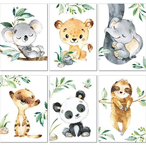 LALELU-Prints Bilder Kinderzimmer Poster Babyzimmer Deko Mädchen Jungen Kinderbilder Set Kinderzimmerbilder (Dschungeltiere A3 6er Set)