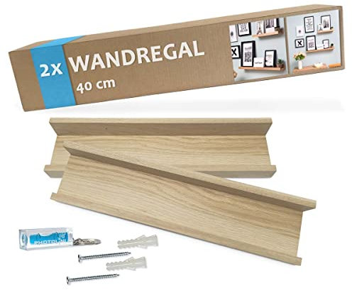 PHOTOLINI Wandregal Eiche Massivholz 40 cm, Schweberegal, 2er Set, modernes Design, Bilderleiste für Fotos, Poster & Deko-Objekte zur flexiblen Gestaltung, U-Form, einfaches Anbringen