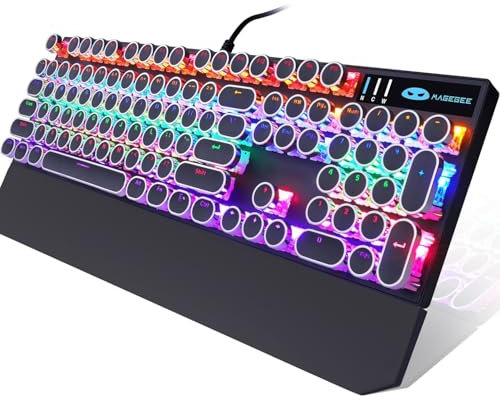 Camiysn Typewriter Style Mechanical Gaming Keyboard, Black Retro Punk Gaming Keyboard with RGB Backlit, 104 Keys Blue Switch Wired Cute Keyboard, Round Keycaps for Windows/Mac/PC
