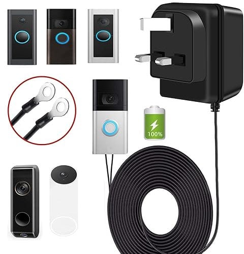 Doorbell power transformer 24V 500MA, AC230-240V to AC24V ring doorbell adapter, compatible with visual doorbell and thermostat (with 8M extension cable)