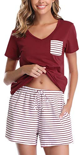 Vlazom Pyjama Femmes Coton Ete Courte Ensembles de Pyjam à Manches Courtes Vêtements de Nuit Bas de Pyjama à Rayures，A-vin Rouge，L
