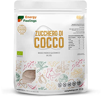 Energy Feelings Zucchero di Cocco Integrale BIO 1 Kg. Dolcificante Naturale ottenuto dai Fiori di Cocco, Basso Indice Glicemico, Senza Glutine nè Lattosio. Coconut Sugar Vegano