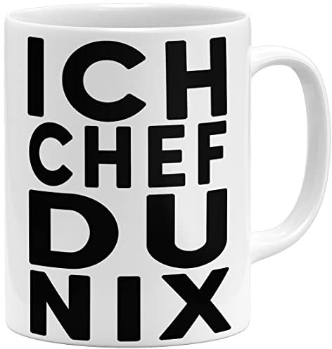 OM3® Ich Chef Du Nix Kaffee-Tasse mit Spruch - Lustige Statement Keramiktasse für Büro & Alltag - Keramik Becher - 325ml - Beidseitig Bedruckt - Weiss