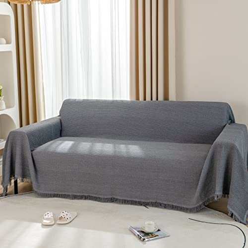 LHGOGO Sofa Überwurf aus Baumwolle | Waffle Jacquard Webart | Sofa Decke als Couchbezug mit Fransen | Für Ecksofa, 3-Sitzer & als kuschelige Wohndecke - Dunkelgrau, 180x230cm