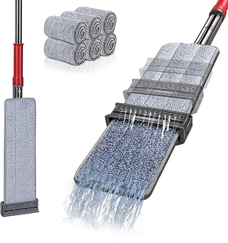 MASTERTOP Mopa Plana de Microfibra con Escurridor Integrado, Mopa Auto-Escurrir 36cm con Cabezal Giratorio 360°, Mopa de Pie para Limpieza de Suelos con 6 Paños Microfibra