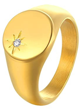 Beydodo Ringe Edelstahl Frauen mit Gravur, Damen Ring Stern mit Zirkonia Siegelring Freundschaftsring Gold Ring Personalisiert Gr.55 (17.5)