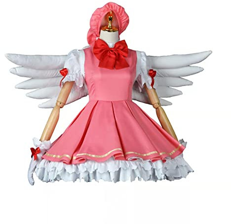 PUYYDS Anime Card Captor Kinomoto Sakura Clow Magier Cosplay Kostüm Perücke Rot Weiß Kampfuniform Flügel Frauen Kleid Halloween Kleidung