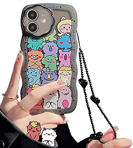 NITITOP Compatible for iphone 12 Case, Cute Clear Cartoon Bear Animal with Heart Beaded Lanyard Wrist Strap for Women Girly, Soft TPU- Monster
