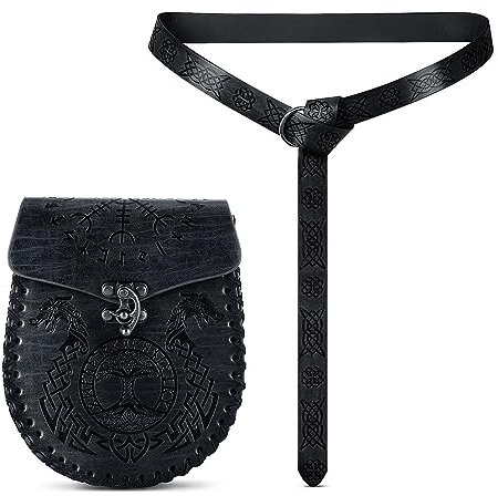 2 Stücke Leder Gürteltaschen Set, mit einem Wikinger-Gürtel und einer Renaissance-Tasche mit Drachentotem Medieval Belt Pouch Renaissance-Accessoires für Party Festival Wandern (Schwarz)