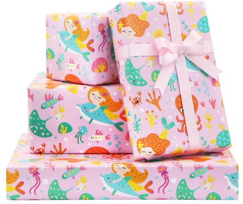 Meerjungfrau-Geschenkpapier, kleine Meerjungfrau mit ihren Meerestierfreunden, Geschenkpapier zum Geburtstag, 4 Blatt Papier mit 2 m rosa Band, für Mädchen, Kinder, Babys, Frauen