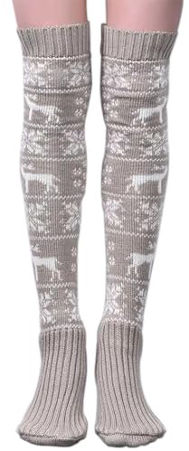 FGFD&OU Damen Overknee Socken Strümpfe Strick Baumwolle Dicke Warme Überknie Kniestrümpfe Trachtenstrümpfe Lange Thermosocken Weihnachtssocken für Frauen und Mädchen (Xmas-Grau)