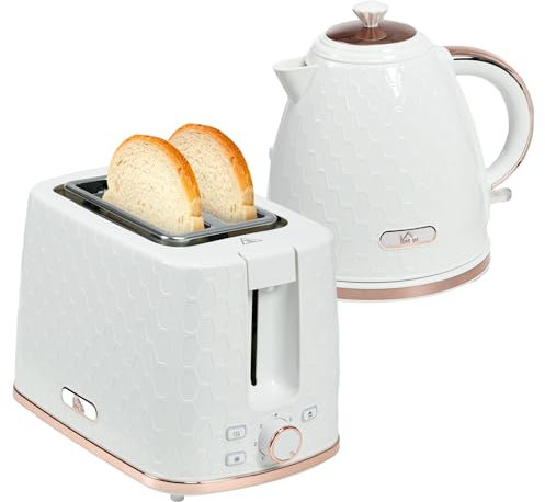 HOMCOM Kettle and Toaster Set, 1.7L 3000W Fast Boil Jug Kettle with Auto Shut Off, 2 Slice Toaster with 7 Level Browning Controls & Crumb Tray, Cream