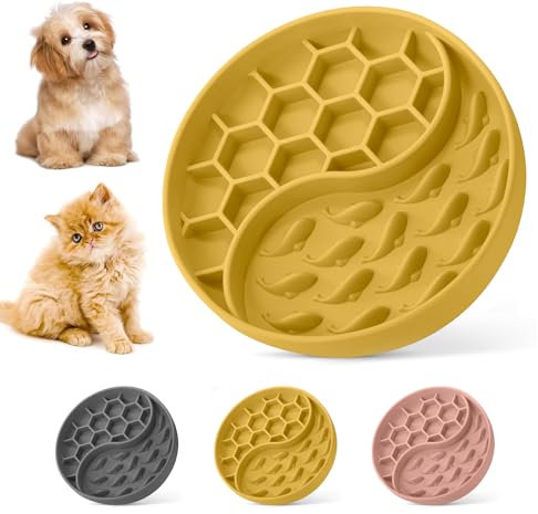 PuchoⓇ Slow Feeder Dog & Cat Bowls. Silicone Modern Fun Puzzle Food Grade, BPA Free. For Healthy Eating, Anti Gulping & Choking. Non Slip & Dishwasher Safe. For Small 2 Medium Dogs & Cats (Mustard)