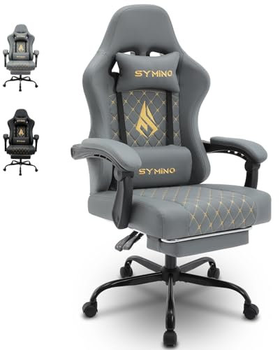 Symino Gaming Chair with Footrest, Computer Ergonomic Video Game Chair, Adjustable Swivel Task Chair with Lumbar Support, PC Chairs, PU Leather Game Chairs for Adults, Grey